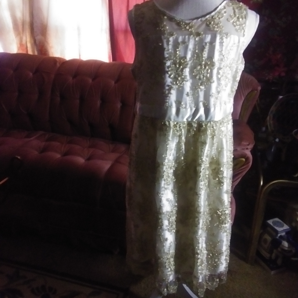 Child golden jacket/ creme satin dress with golden trim
